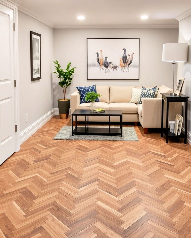herringbone patterned vinyl flooring - 15 Basement Vinyl Flooring Ideas
