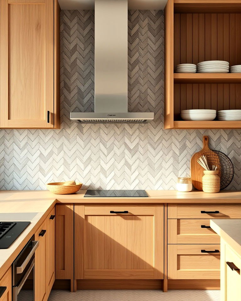 herringbone tile backsplash with wood elements - 25 Kitchens With Herringbone Tile Backsplashes