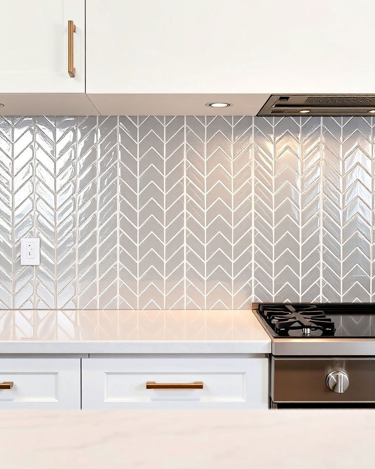 herringbone tiles backsplash with a pearl or gloss finish - 25 Kitchens With Herringbone Tile Backsplashes