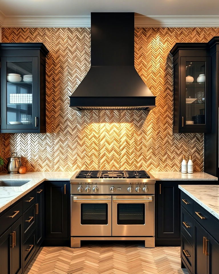 herringbone tiles backsplash with metallic finishes - 25 Kitchens With Herringbone Tile Backsplashes