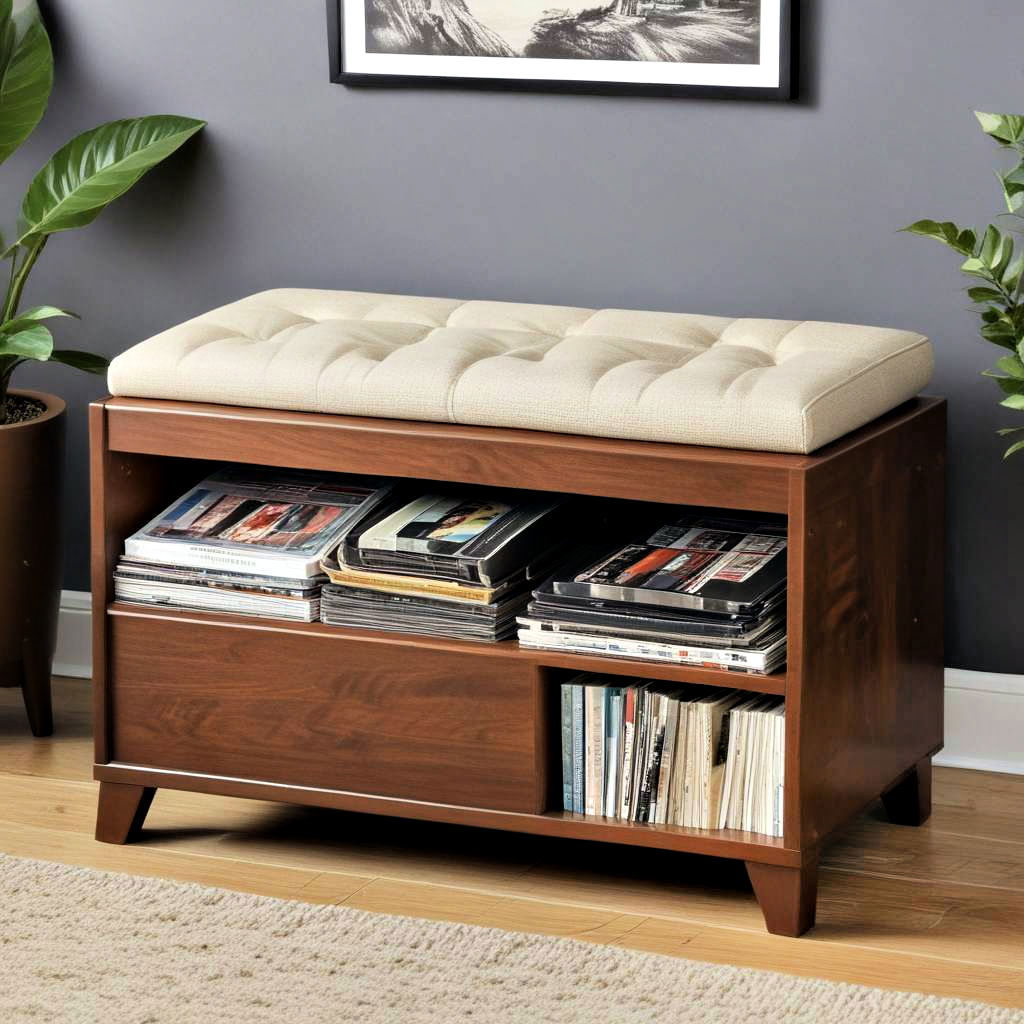 hidden storage bench for vinyl record storage - 25 Vinyl Record Storage Ideas