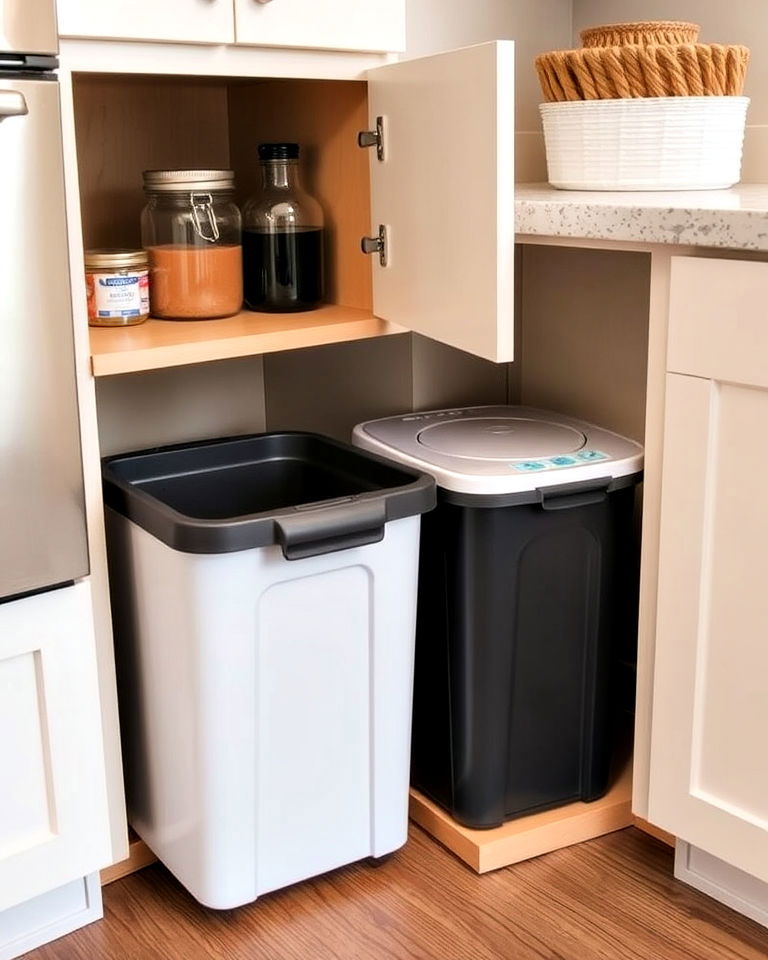 hide trash and recycling bins in a pull out corner cabinet fo - 15 Awkward Kitchen Corner Ideas