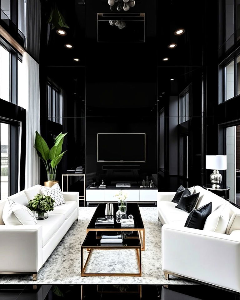 high gloss black walls living room - 20 Luxury Black and White Living Room Ideas