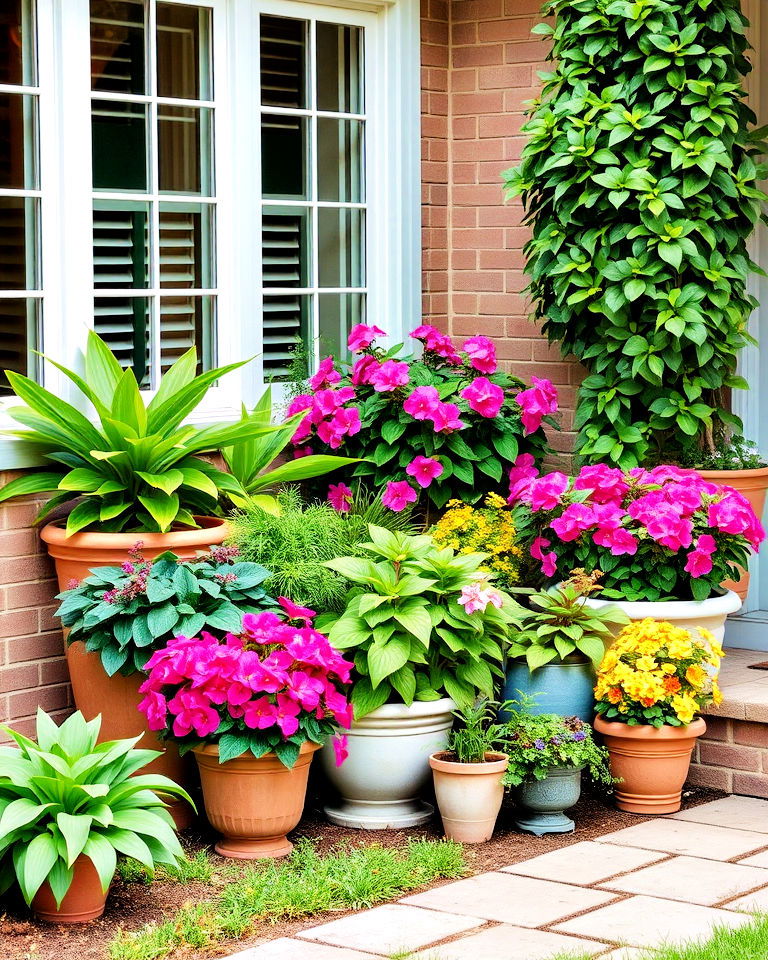 highlight corners with clustered pots - 20 Front Yard Landscaping With Potted Plants
