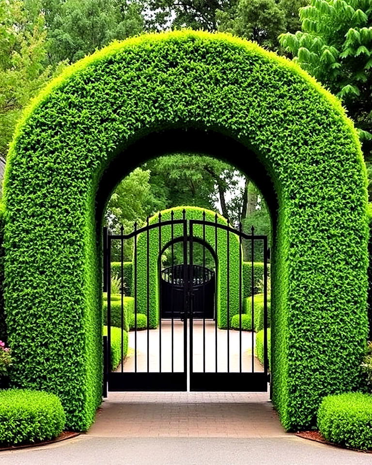 highlight entry gates with boxwood arches - 25 Boxwood Landscaping Ideas