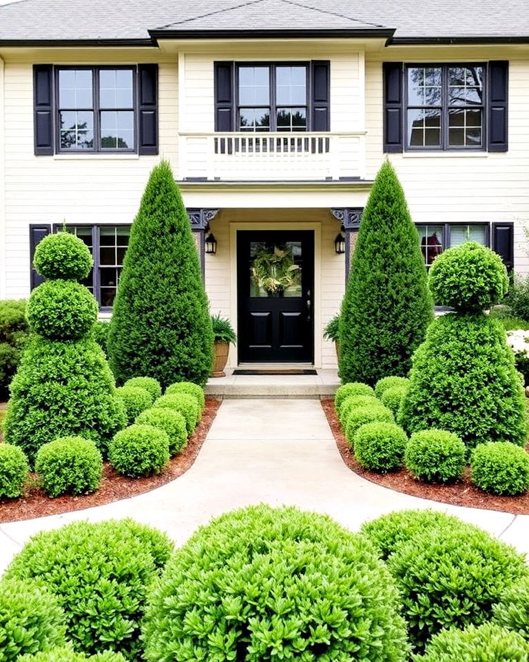 highlight entryways with topiary evergreens - 25 Front Yard Evergreen Landscaping Ideas