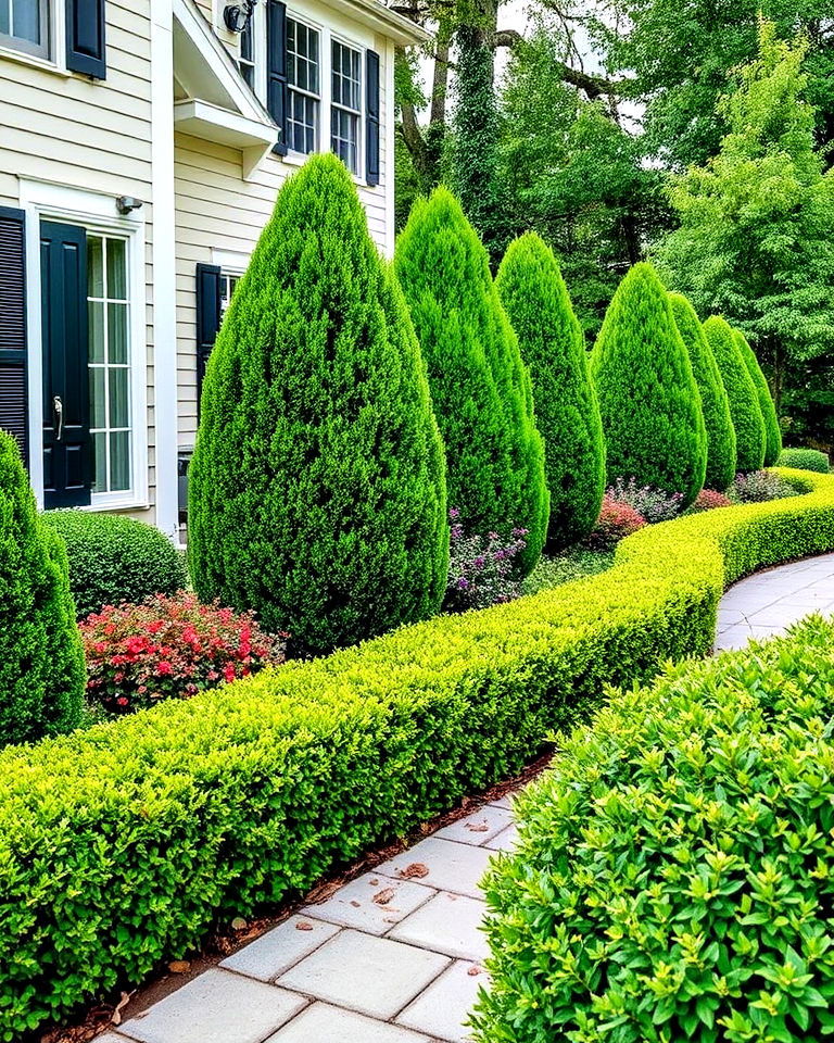 highlight pathways with hedges - 25 Front Yard Evergreen Landscaping Ideas