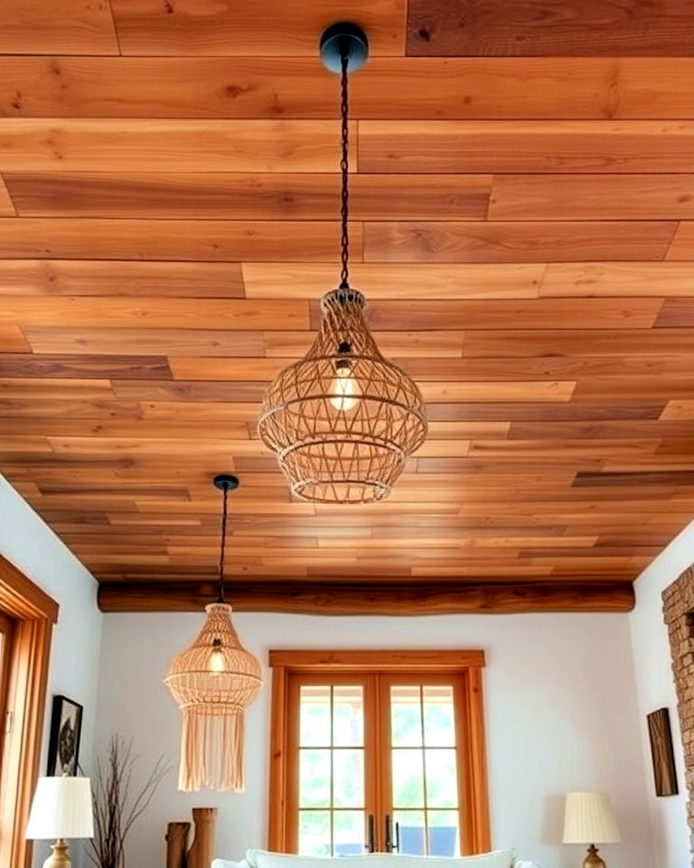highlight the ceiling with textured panels - 25 Rustic Boho Living Room Ideas