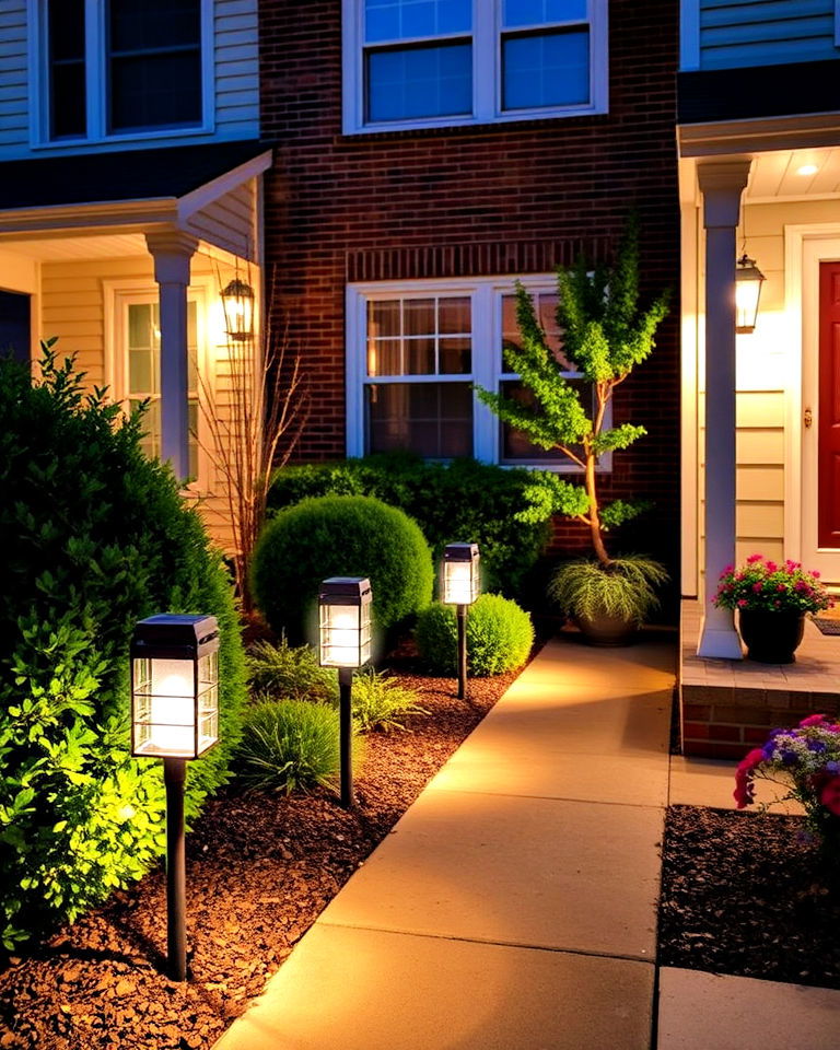 highlight with solar lighting - 20 Small Front Yard Townhouse Landscaping Ideas