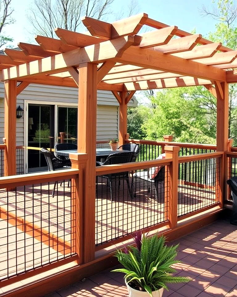 hog wire railing with pergola integration - 15 Hog Wire Deck Railing Ideas