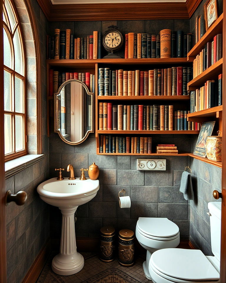 hogwarts library inspired shelves - 25 Harry Potter Bathroom Ideas