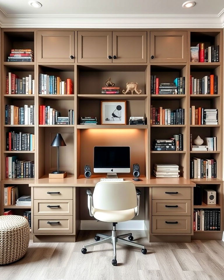 home office desk with built in bookshelves - 25 Home Office Library Ideas