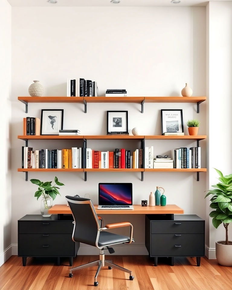 home office floating shelves for books and decor - 25 Home Office Library Ideas
