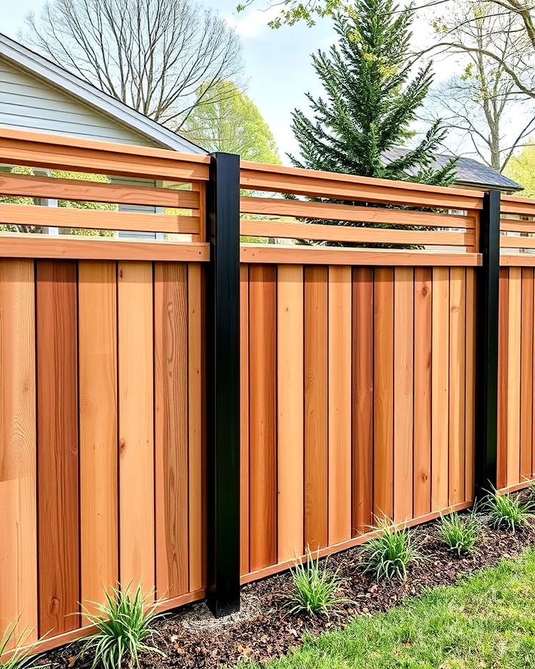 horizontal slat integration for a modern twist - 20 Board on Board Fence Ideas