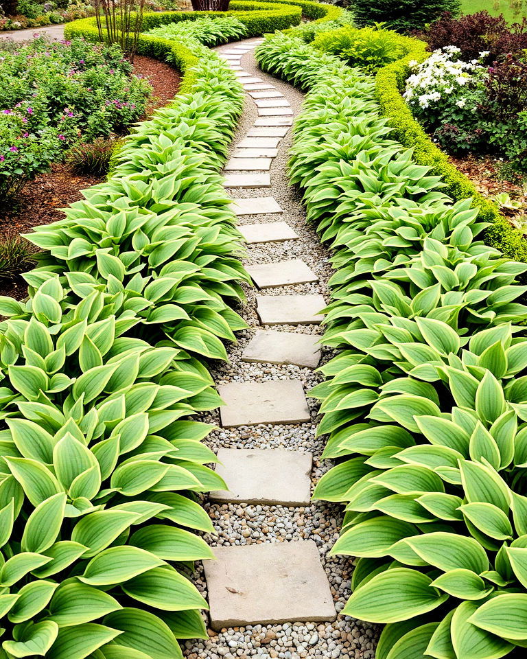 hostas along a pathway - 20 Hosta Garden Design Ideas