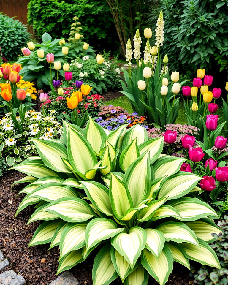 hostas with seasonal accents - 20 Hosta Garden Design Ideas