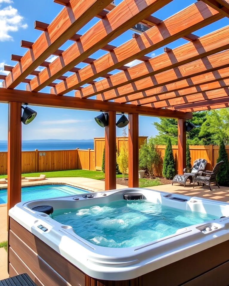 hot tub pergola with built in speakers - 15 Hot Tub Pergola Ideas