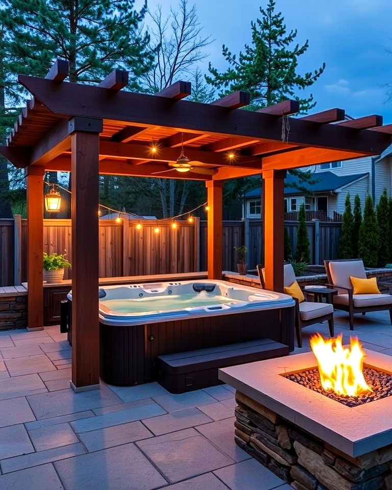 hot tub pergola with fire pit integration - 15 Hot Tub Pergola Ideas