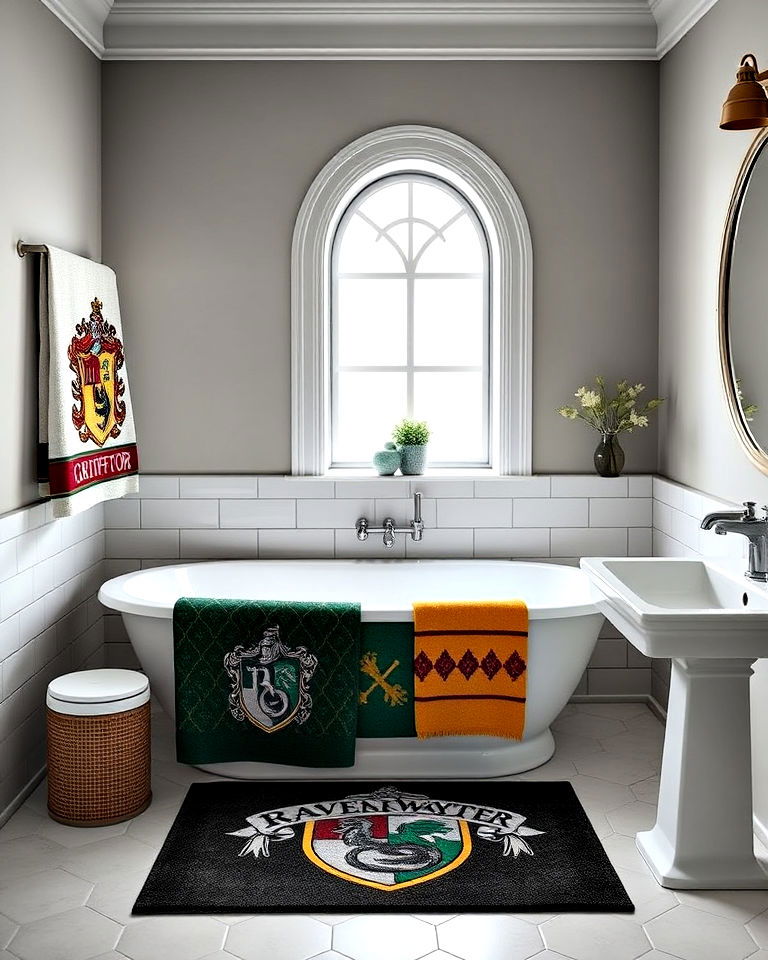 house crest themed towels and rugs - 25 Harry Potter Bathroom Ideas