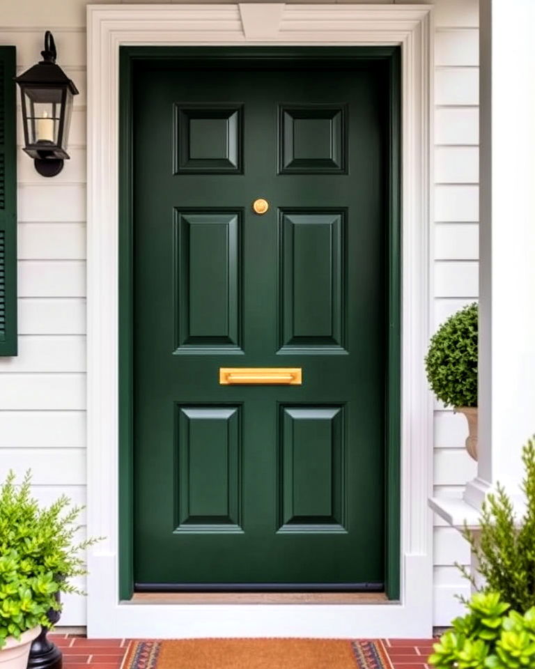 hunter green door with gold accents - 15 Dark Green Front Door Ideas
