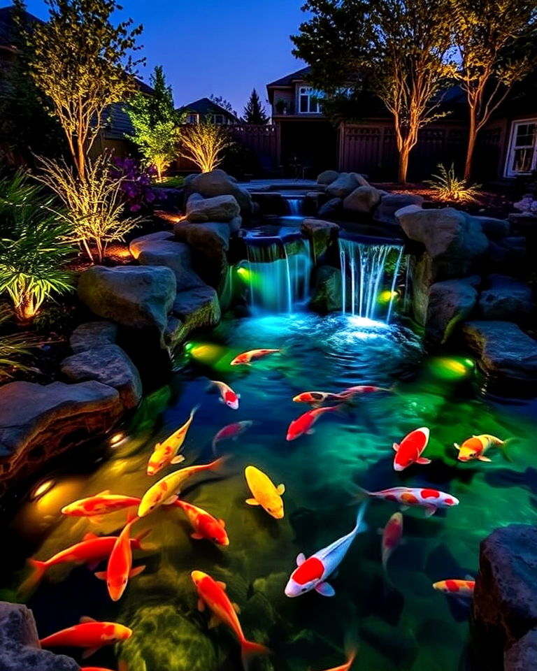 illuminated koi pond with waterfall - 15 Koi Pond Ideas With Waterfall
