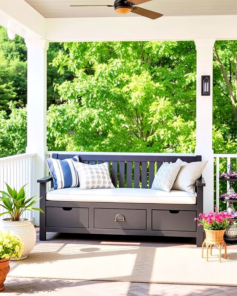 include a weatherproof storage bench - 40 Veranda Ideas