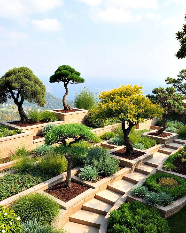 including sculptural trees in a terraced garden - 30 Terraced Garden Ideas