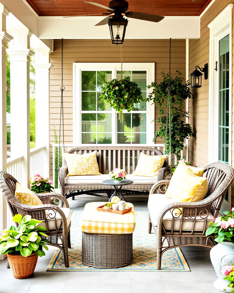 incorporate a cozy seating area for front porch - 25 Summer Front Porch Decor Ideas