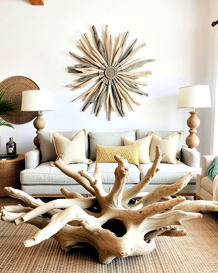 incorporate driftwood decor for living room - 25 Rustic Boho Living Room Ideas