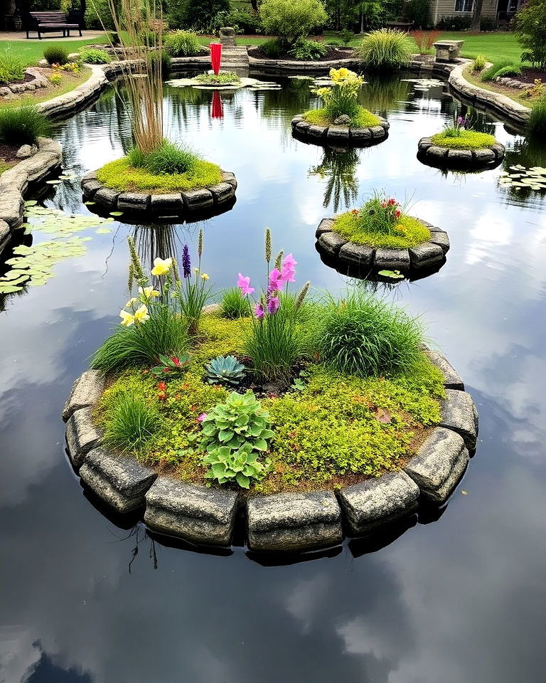 incorporate floating islands for birds and aquatic plants - 15 Large Pond Landscaping Ideas