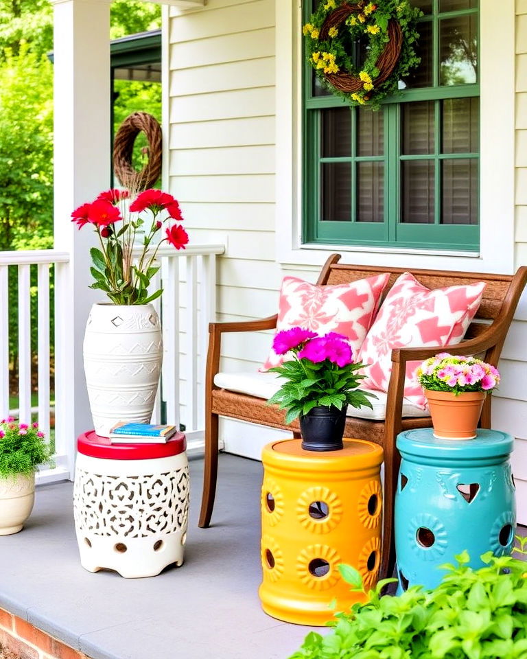 incorporate garden stools to a summer porch - 25 Summer Front Porch Decor Ideas