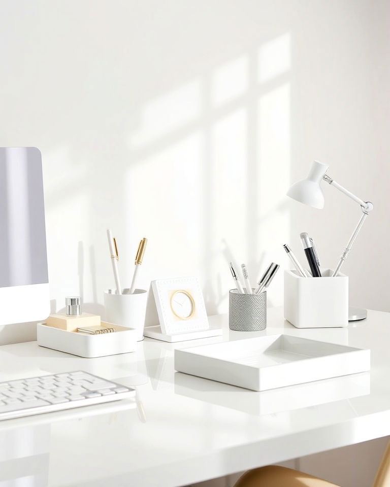 incorporate glossy white desk accessories - 20 White Home Office Ideas