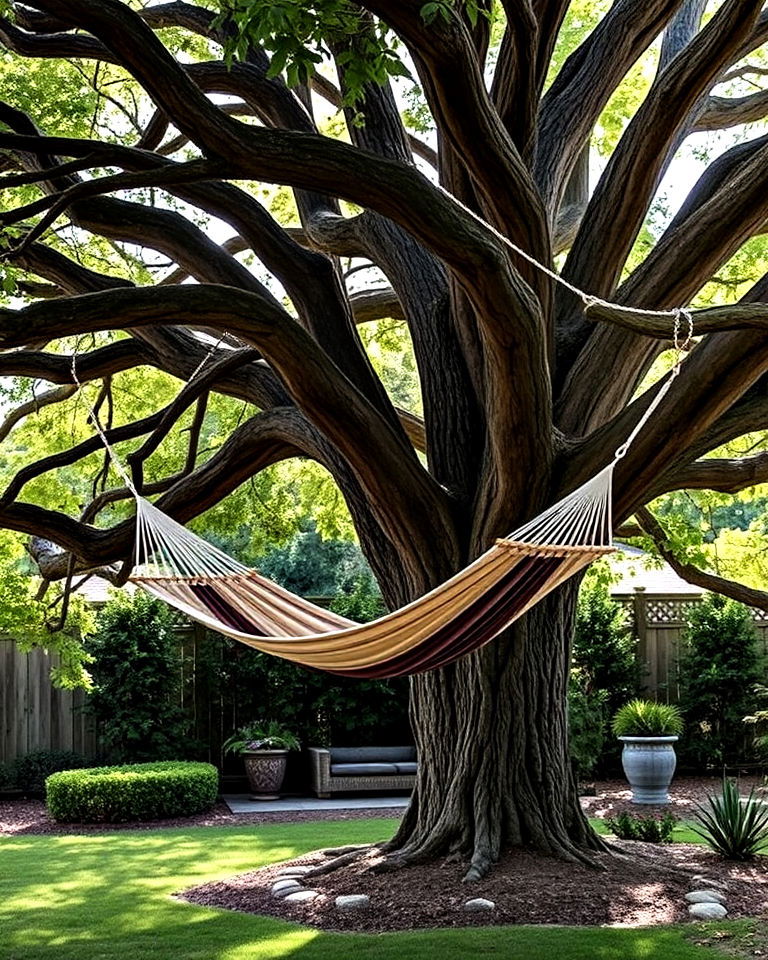 incorporate hammocks for relaxation - 15 Oak Tree Landscaping Ideas