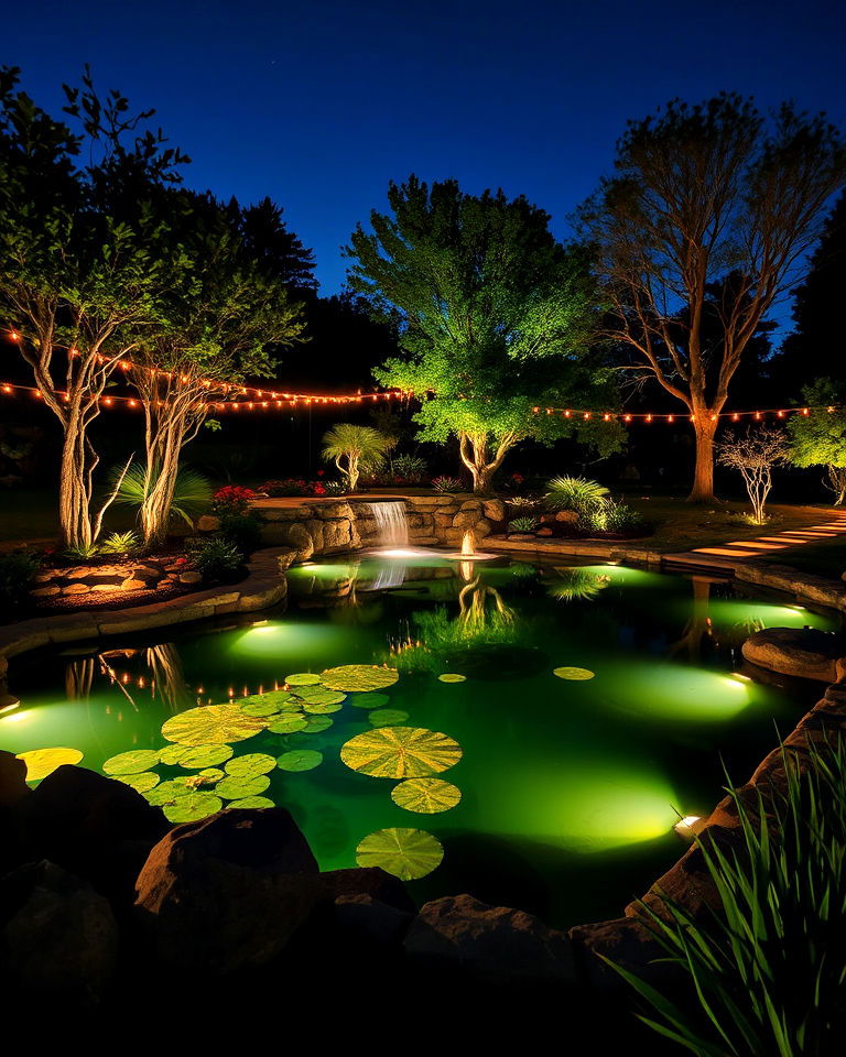 incorporate lighting elements for pond - 15 Large Pond Landscaping Ideas