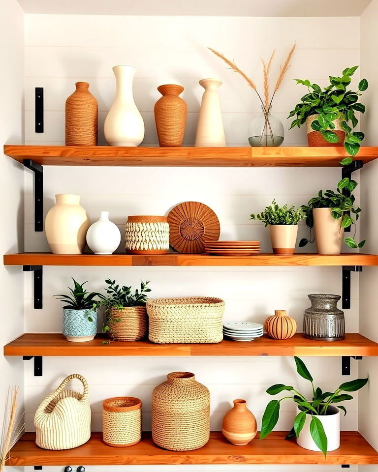 incorporate open shelving with rustic charm - 25 Rustic Boho Living Room Ideas