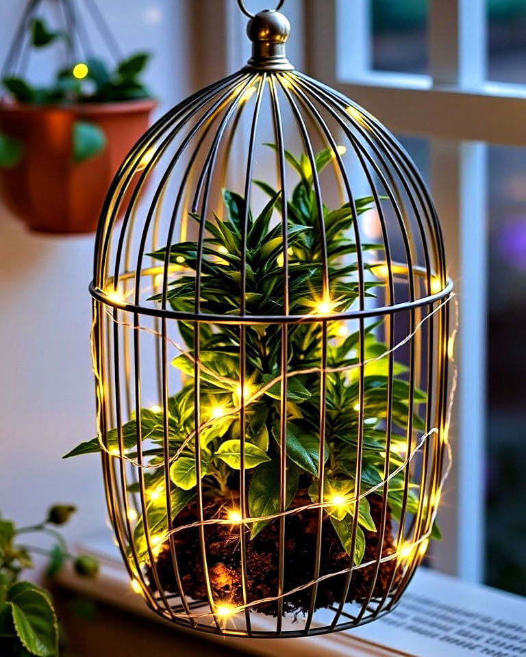 incorporate string lights into a bird cage planter - 15 Bird Cage Planter Ideas