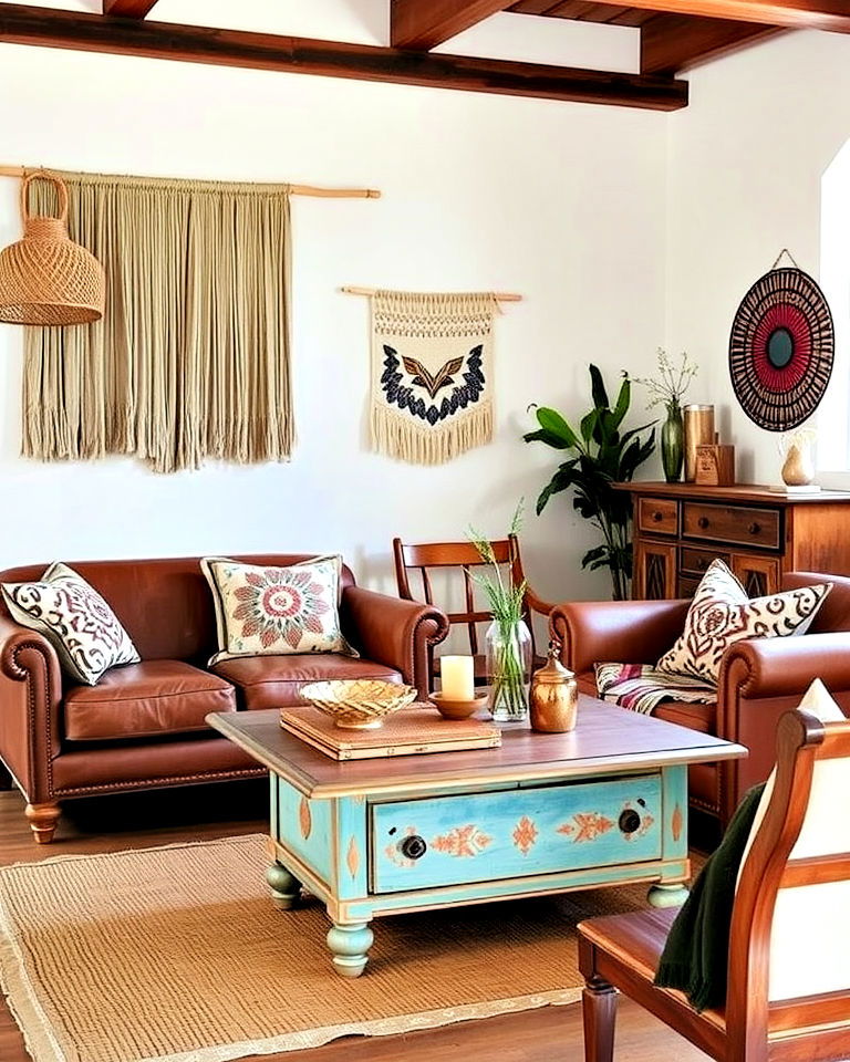incorporate weathered furniture pieces - 25 Rustic Boho Living Room Ideas