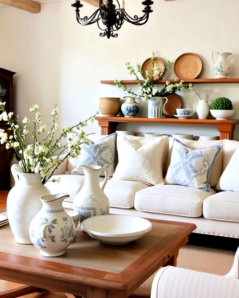 incorporating french inspired ceramic pottery - 30 French Country Living Room Ideas