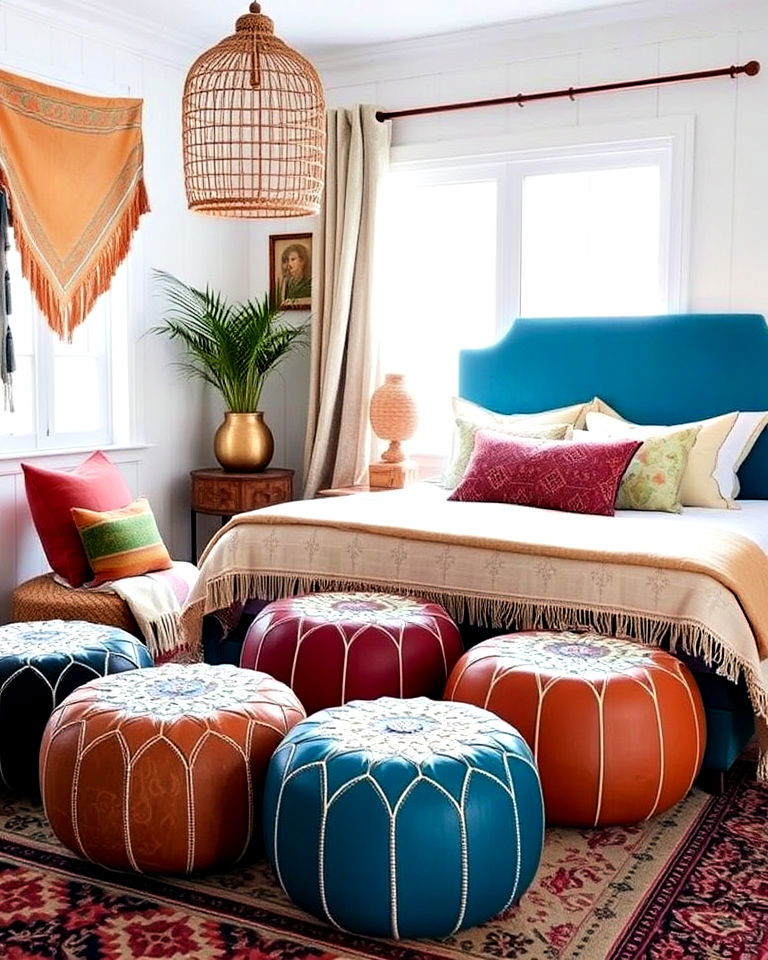 incorporating moroccan low seating with poufs - 15 Bohemian Moroccan Bedroom Ideas