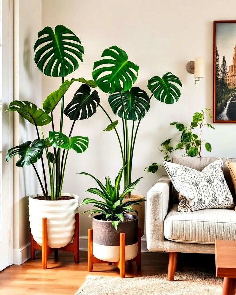 indoor boho plants in mid century planters - 25 Mid Century Boho Decor Ideas