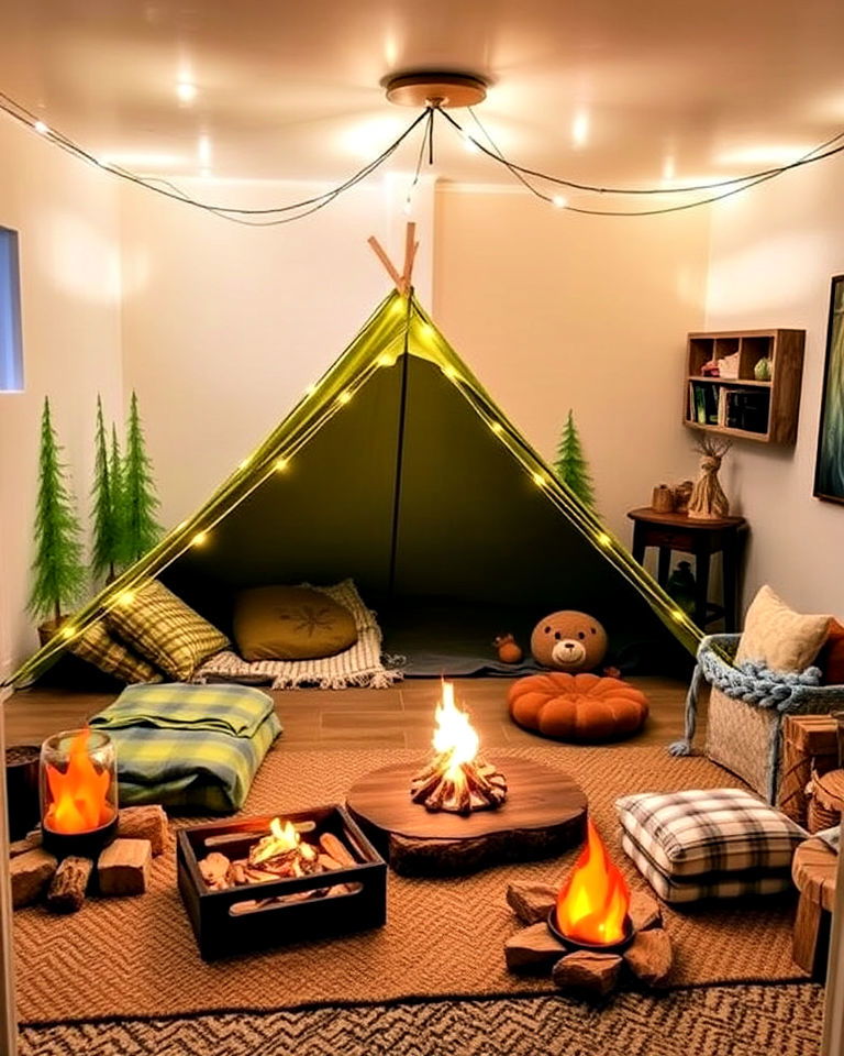 indoor camping themed playroom - 20 Basement Playroom Ideas