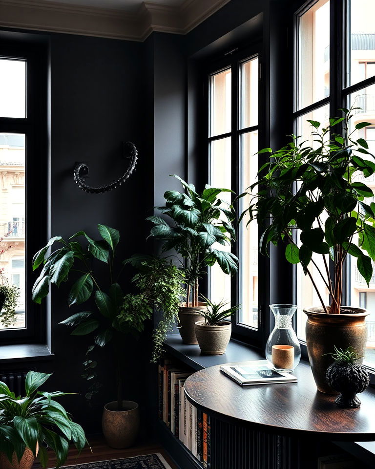 indoor plants in vintage planters - 15 Dark Academia Apartment Ideas