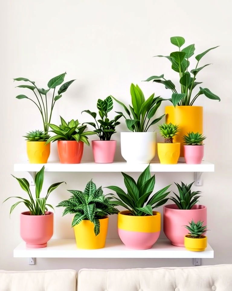 indoor plants in yellow and pink planters - 25 How to Decorate With Yellow and Pink-captions