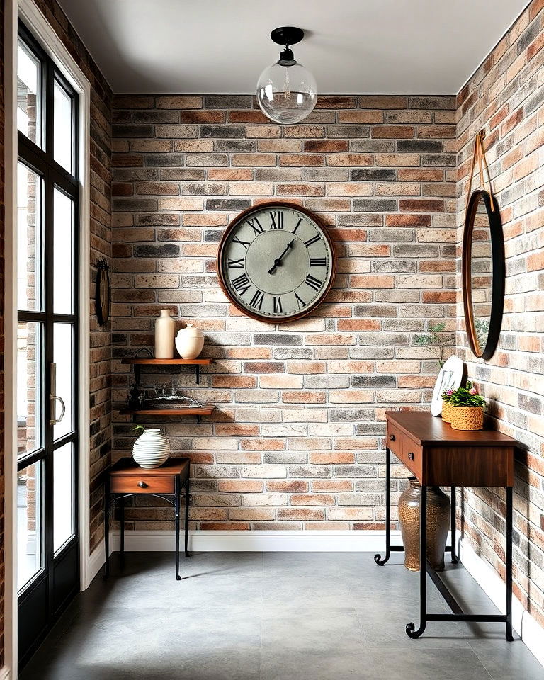 industrial feel with urban brick effect wallpaper - 30 Entryway Wallpaper Ideas