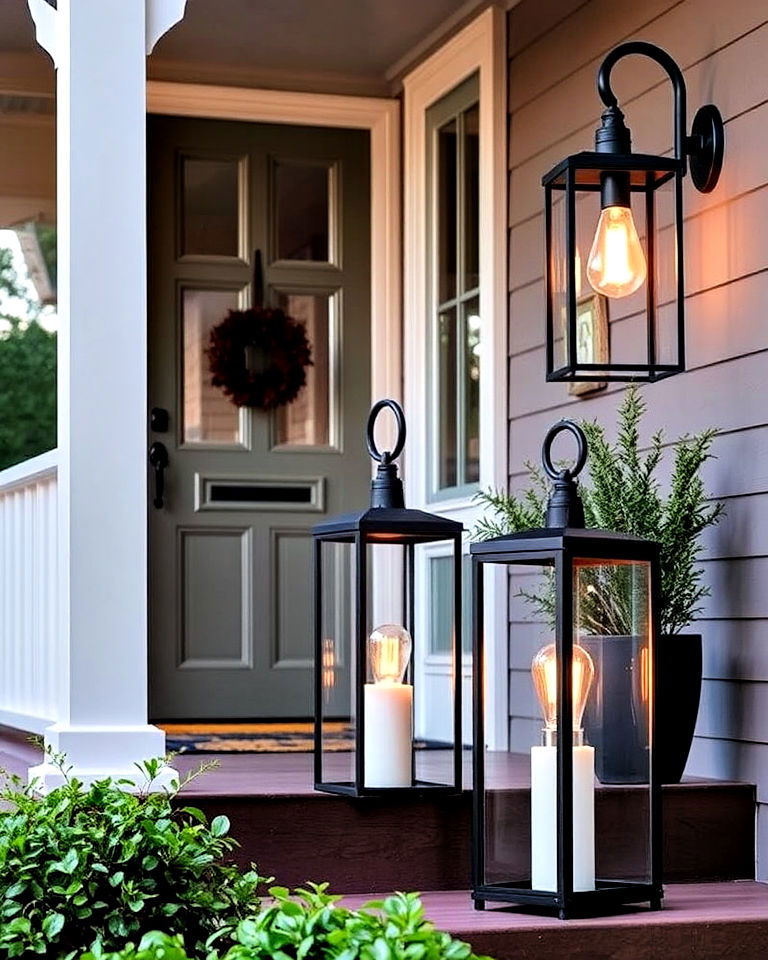 industrial metal lanterns for a sleek look - 15 Lanterns on Front Porch Ideas