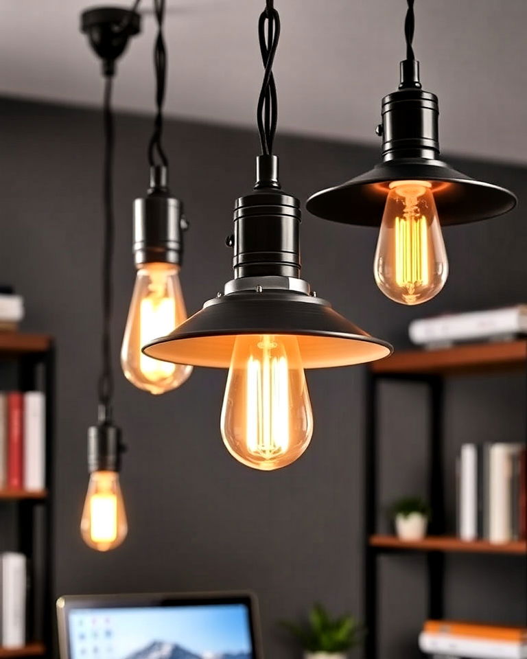 industrial pendant lighting for office - 30 Industrial Home Office Ideas