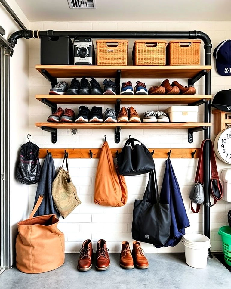 industrial pipe shelving garage mudroom - 20 Garage Mudroom Ideas