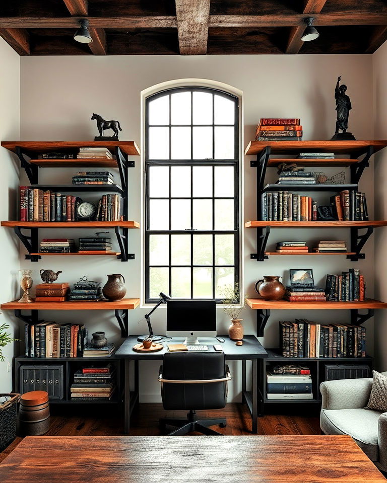 industrial shelving for a rustic touch - 20 Dark Academia Home Office Ideas