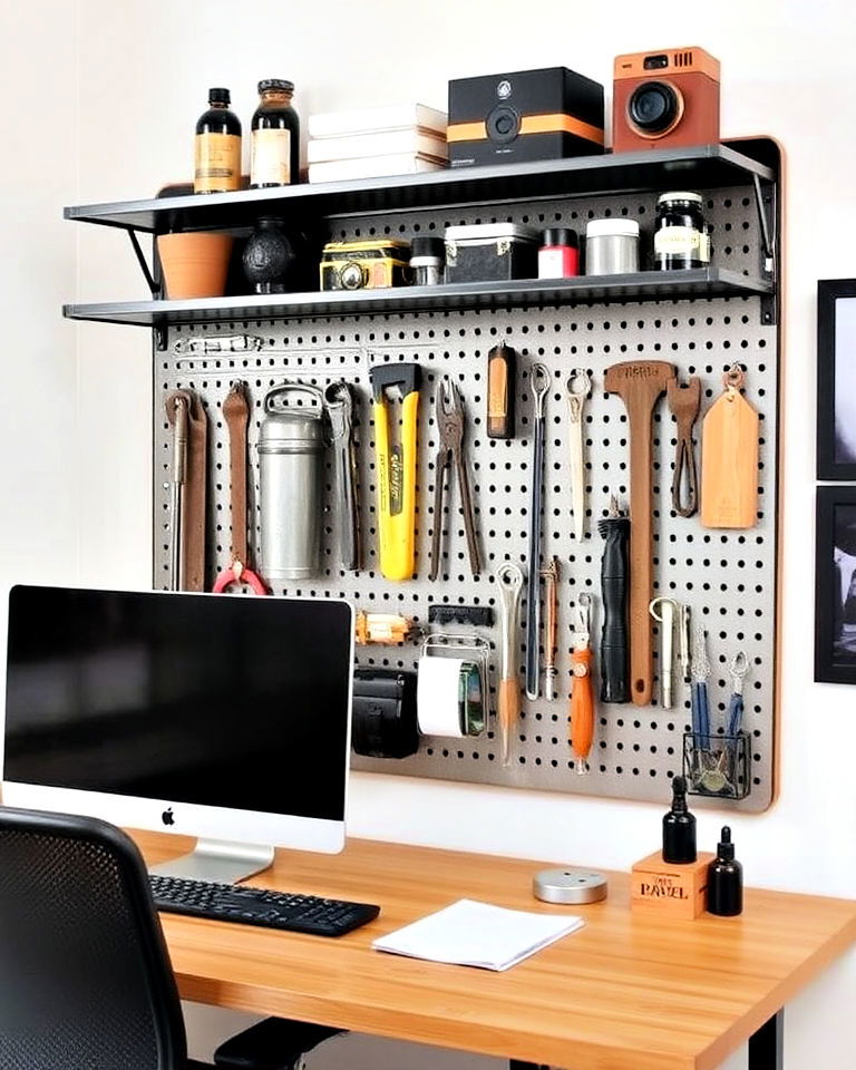 industrial style pegboard on your office wall - 30 Industrial Home Office Ideas