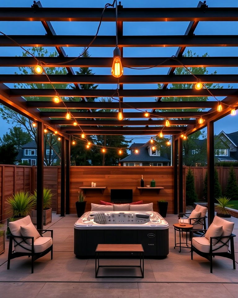 industrial style pergola with exposed beams - 15 Hot Tub Pergola Ideas